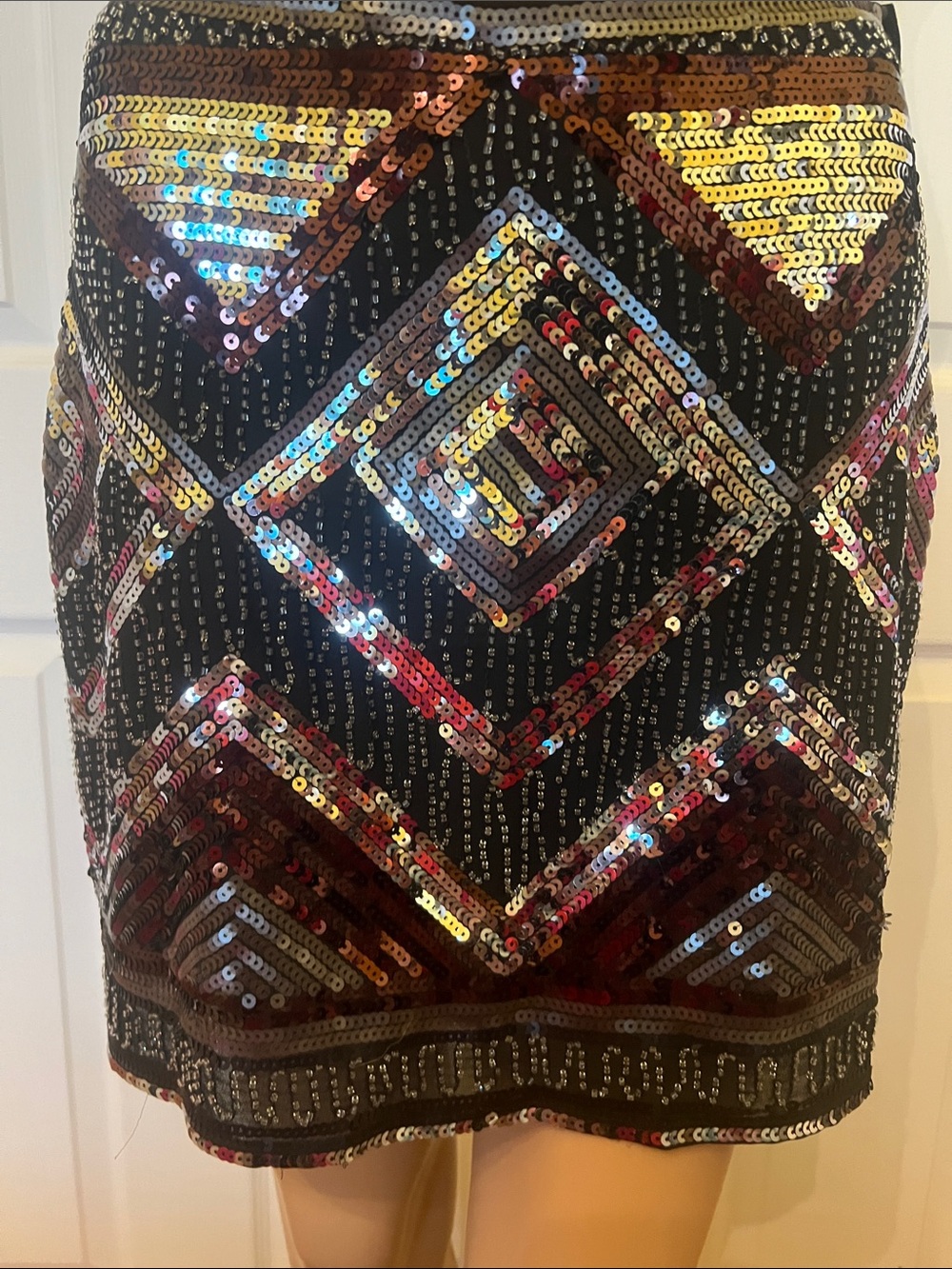 H&M Black Sequin Mini Skirt with Bronze and Silver Geometric Accents
